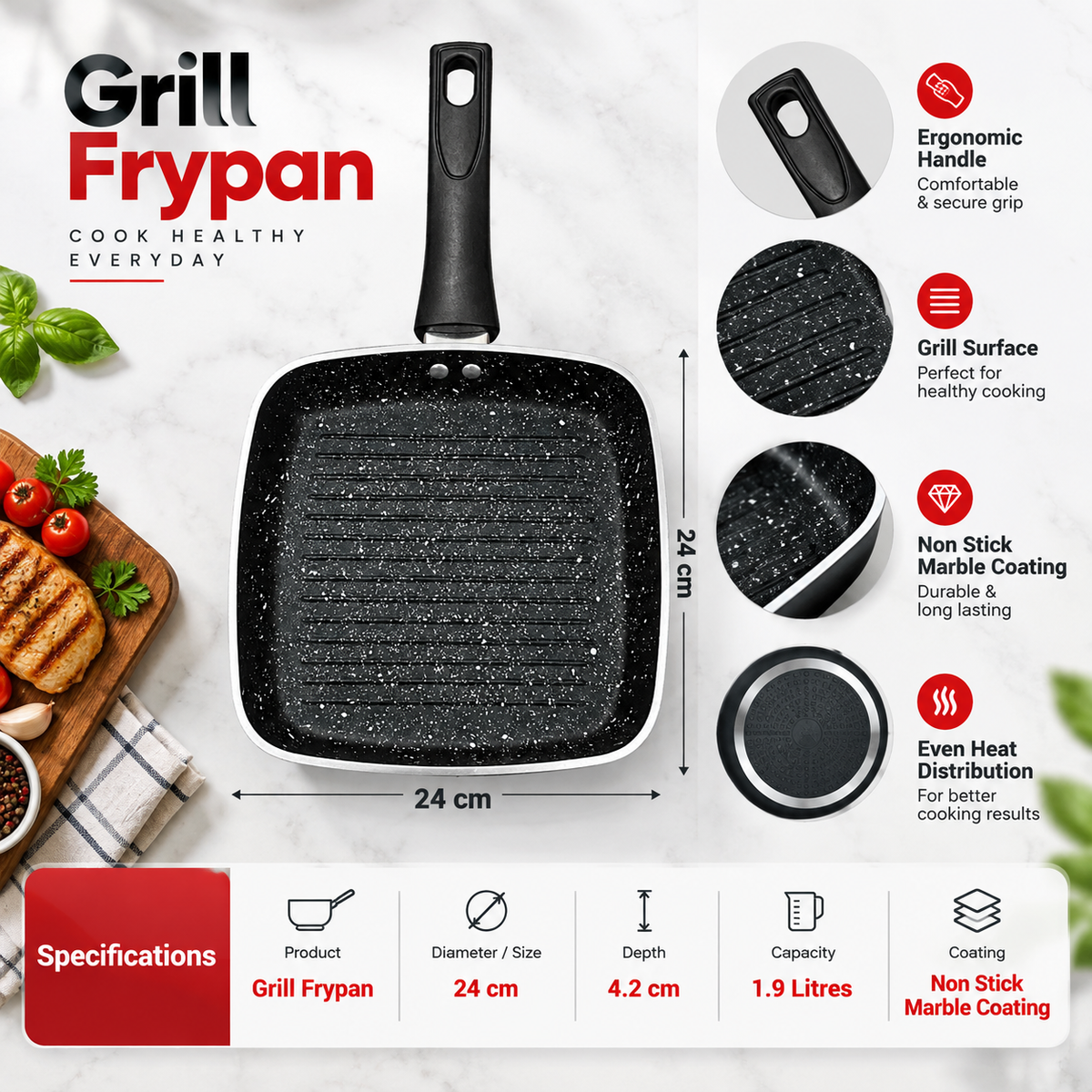 24cm Marble Coated Non Stick Grill Frypan