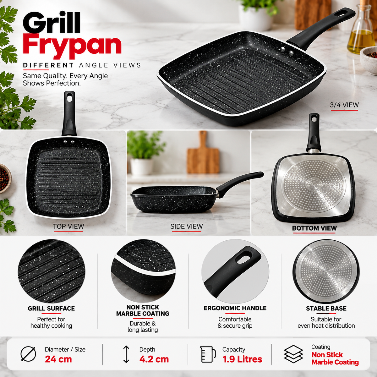 24cm Marble Coated Non Stick Grill Frypan