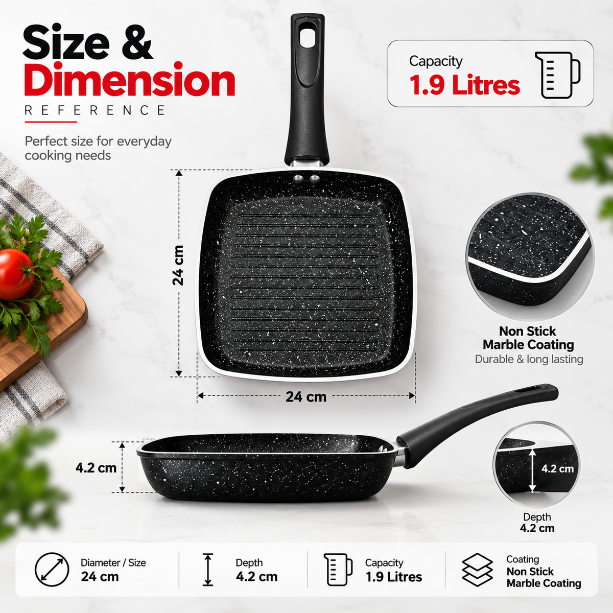 24cm Marble Coated Non Stick Grill Frypan