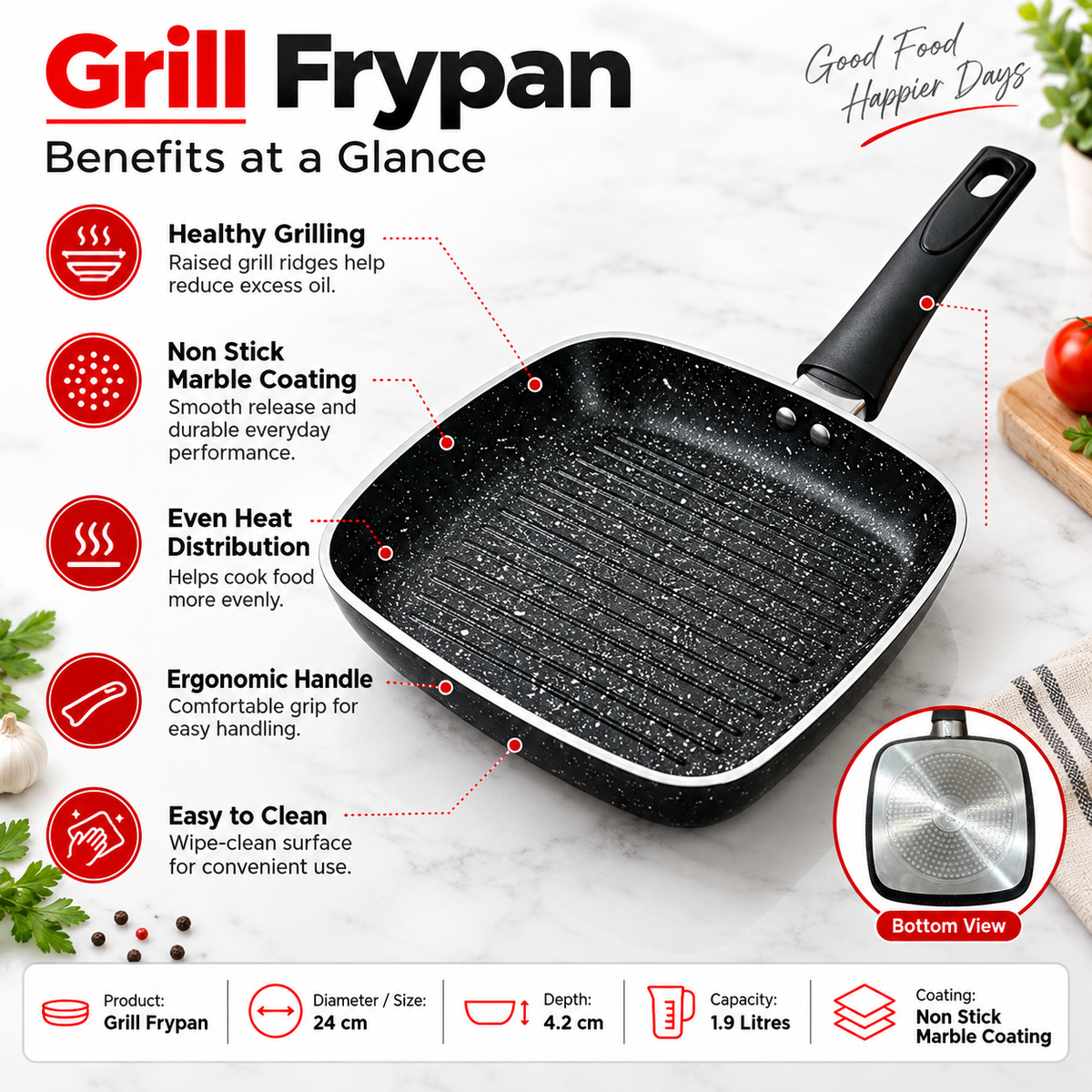 24cm Marble Coated Non Stick Grill Frypan